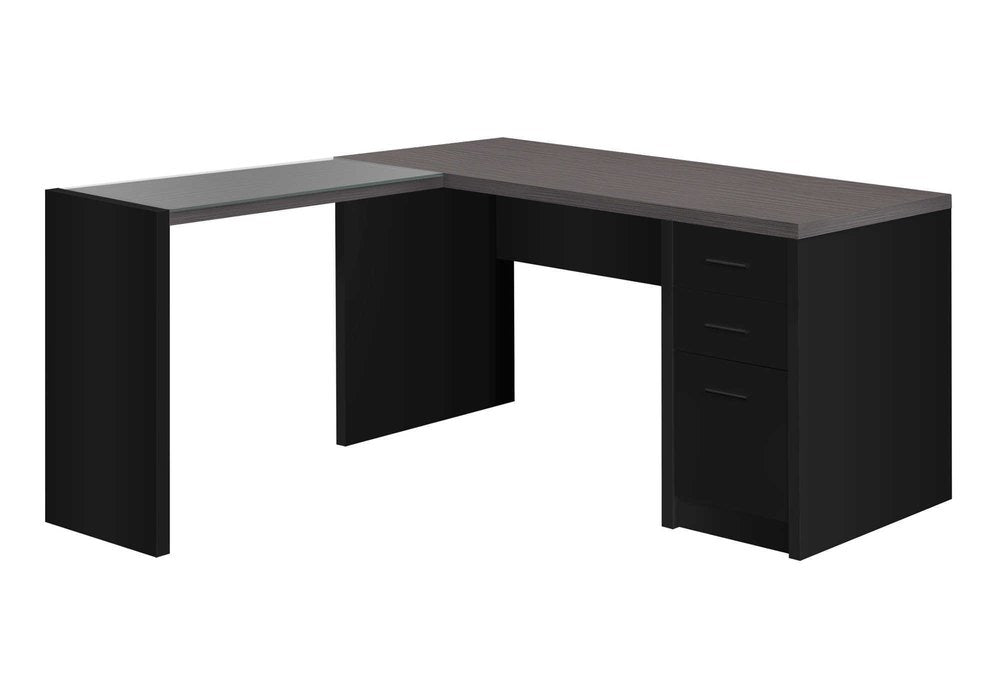 60" Gray and Black L Shape Computer Desk With Three Drawers. Desk isolated on a plain white background, finished in black.