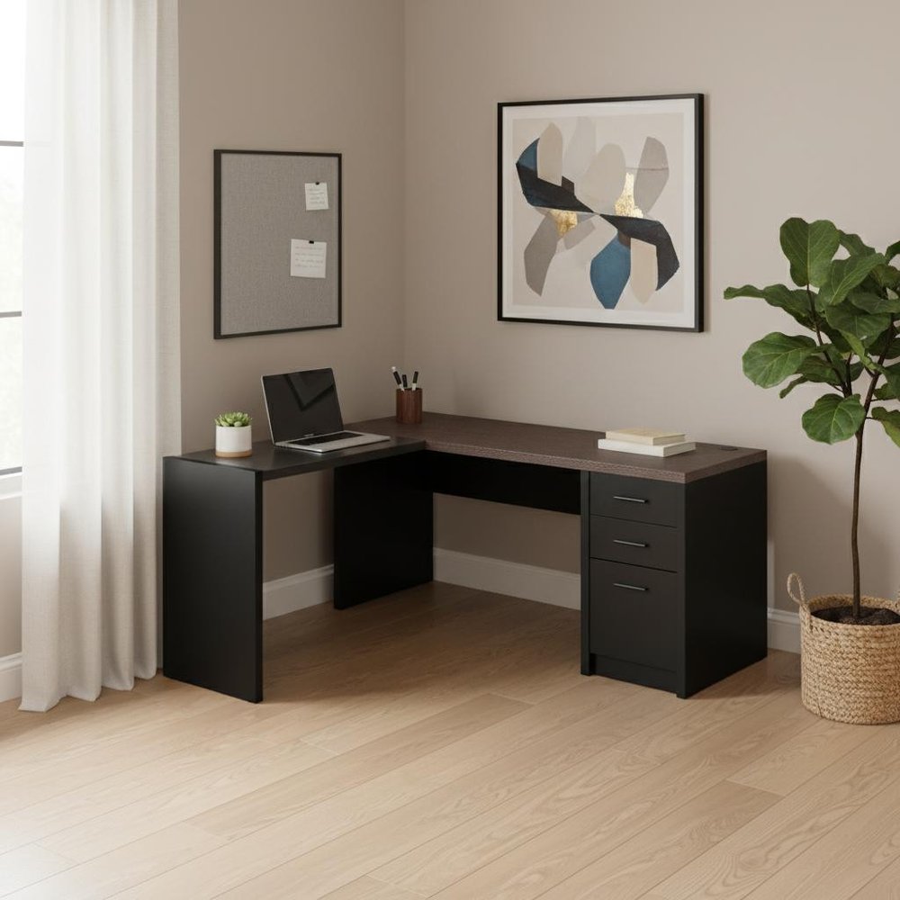 60" Gray and Black L Shape Computer Desk With Three Drawers. Desk in black.