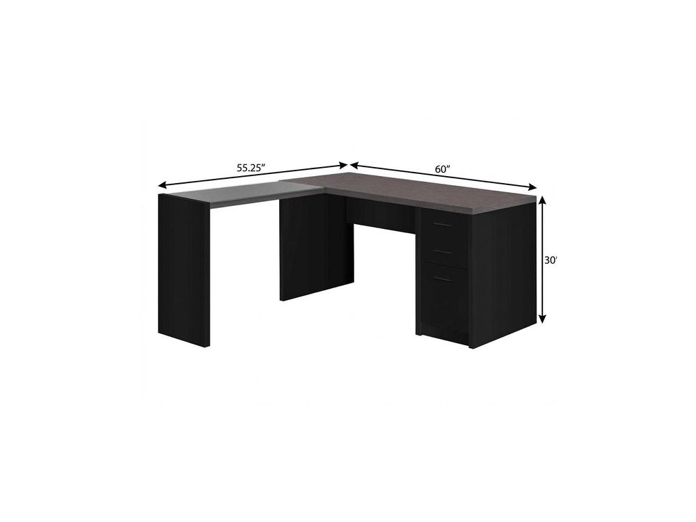 60" Gray and Black L Shape Computer Desk With Three Drawers. Desk isolated on a plain white background, finished in black.