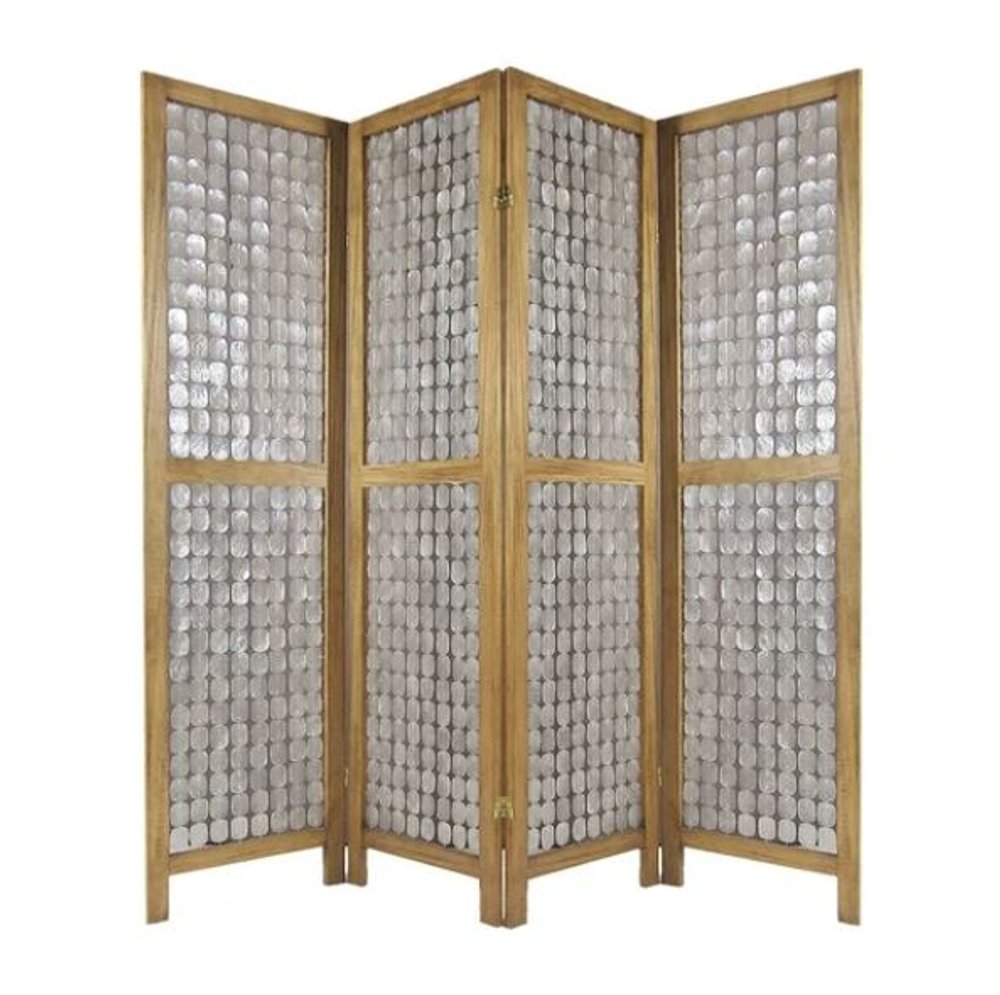 84" Clear Capiz Mother of Pearl Folding Three Panel Screen Room Divider on a white background