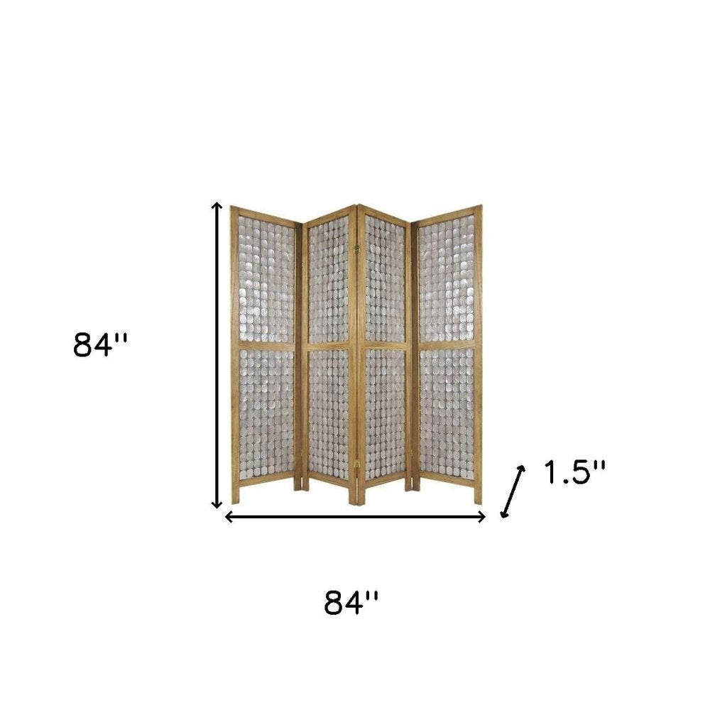 84" Clear Capiz Mother of Pearl Folding Three Panel Screen Room Divider on a white background