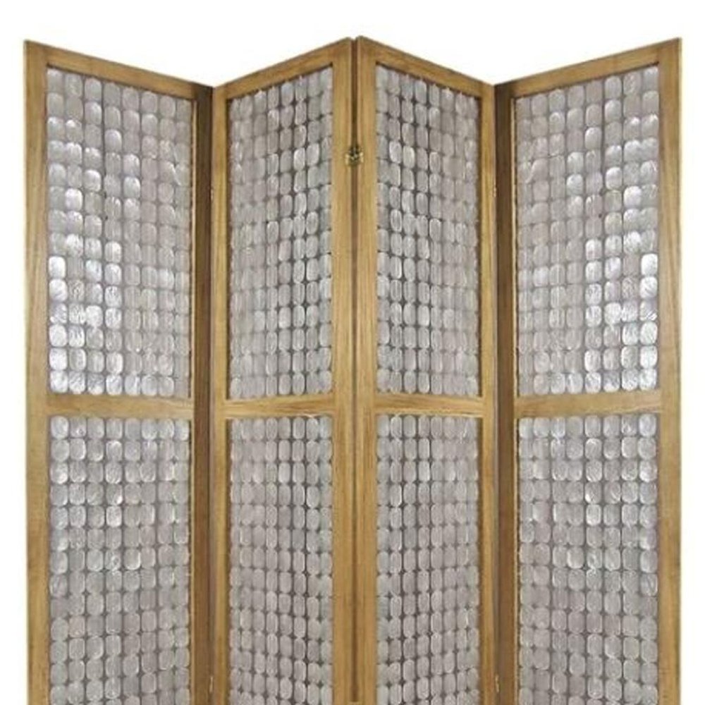 84" Clear Capiz Mother of Pearl Folding Three Panel Screen Room Divider close-up detail