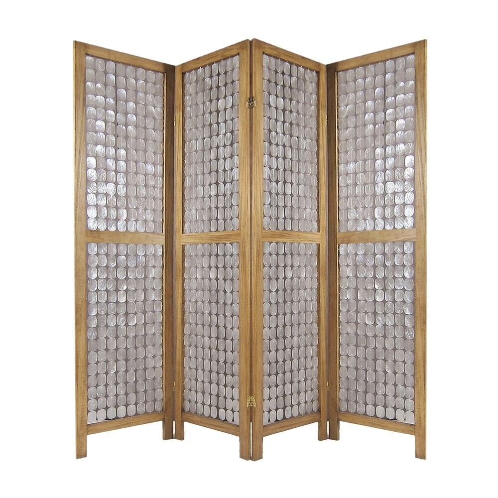 84" Clear Capiz Mother of Pearl Folding Three Panel Screen Room Divider on a white background