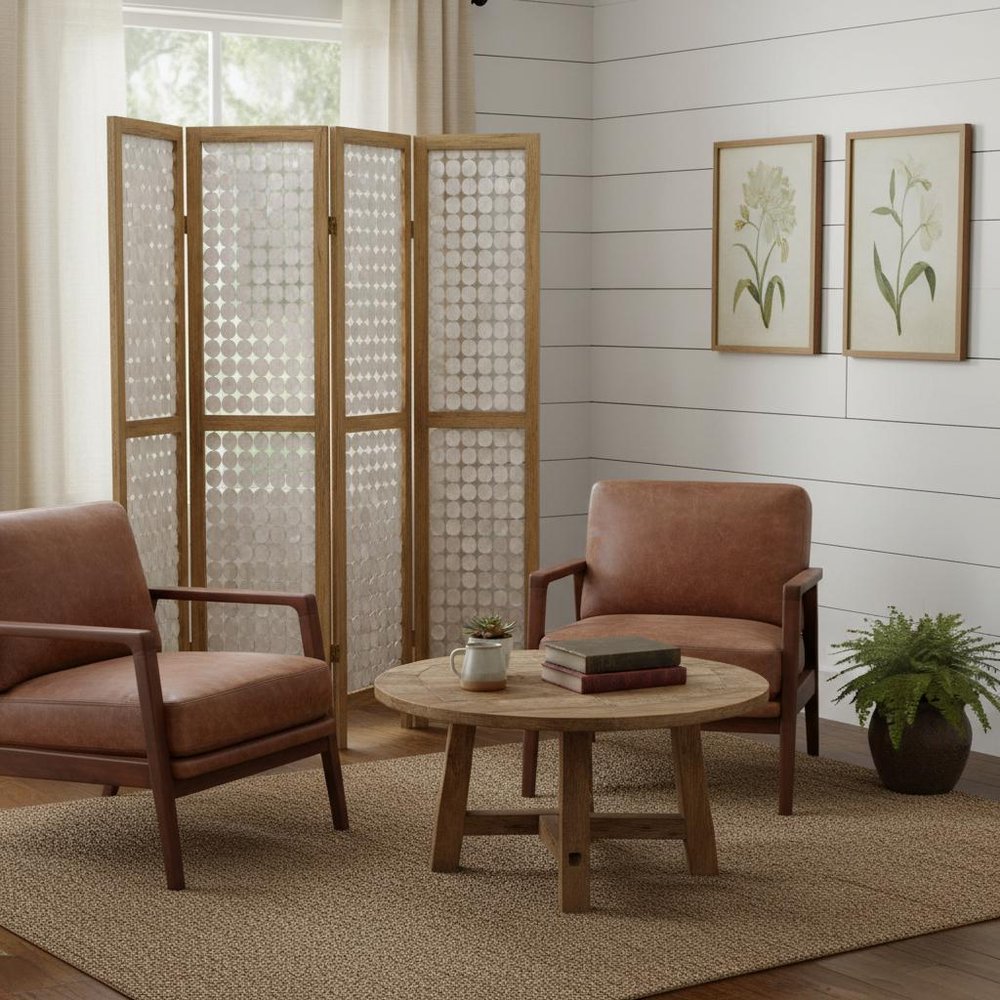 84" Clear Capiz Mother of Pearl Folding Three Panel Screen Room Divider in a home interior