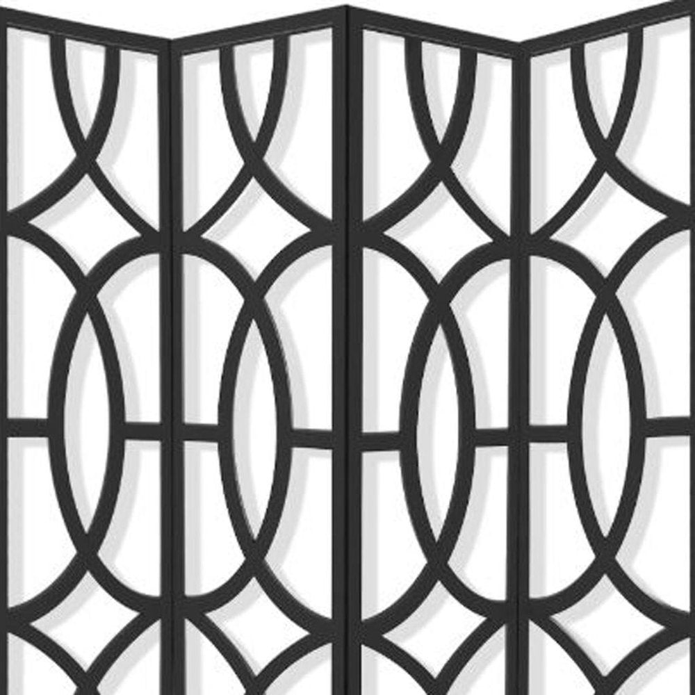 84" Black Solid Wood Folding Four Panel Screen Room Divider on a white background