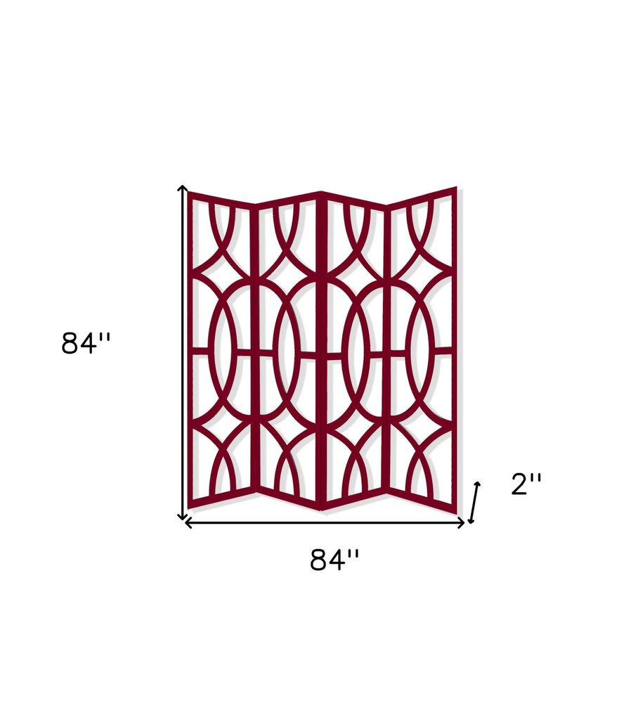 84" Red Solid Wood Folding Four Panel Screen Room Divider on a white background