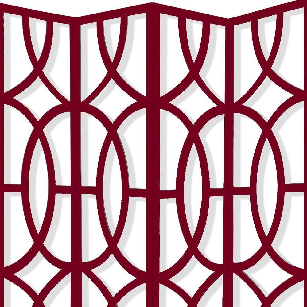 84" Red Solid Wood Folding Four Panel Screen Room Divider on a white background