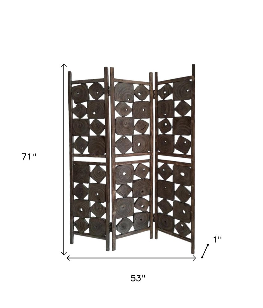 71" Brown Solid Wood Folding Three Panel Screen Room Divider on a white background