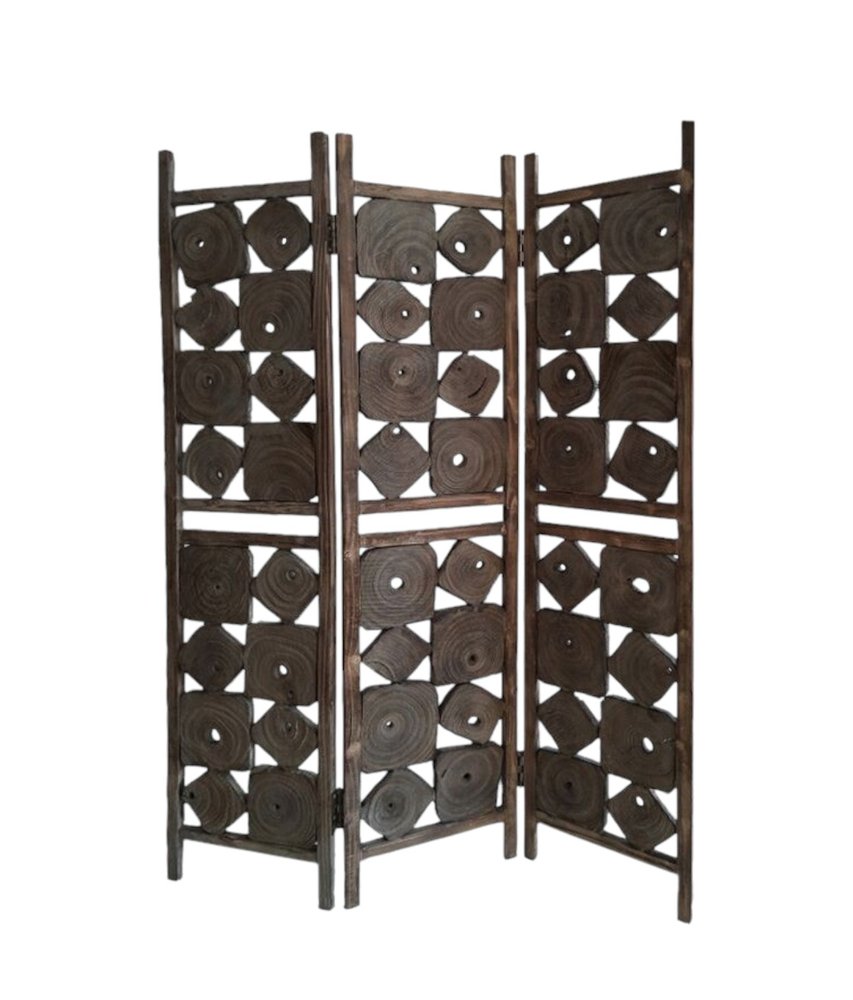 71" Brown Solid Wood Folding Three Panel Screen Room Divider on a white background