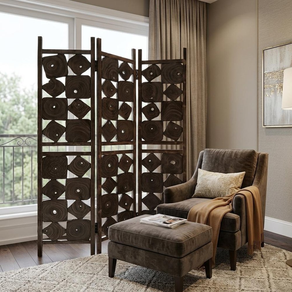 71" Brown Solid Wood Folding Three Panel Screen Room Divider
