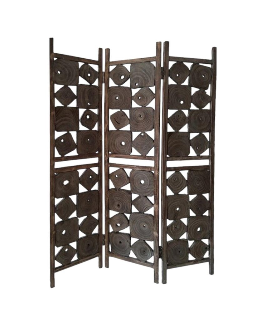 71" Brown Solid Wood Folding Three Panel Screen Room Divider on a white background