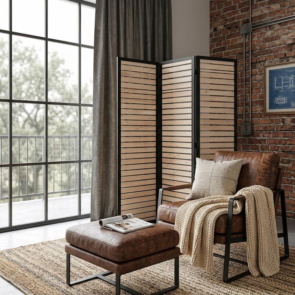 67" Natural Wood and Iron Folding Three Panel Screen Room Divider