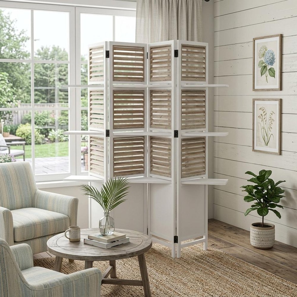 71" White Wood Folding Four Panel Screen Room Divider