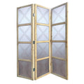 84" Silver Folding Three Panel Screen Room Divider on a white background