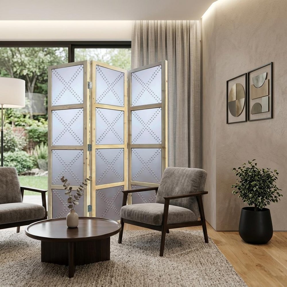84" Silver Folding Three Panel Screen Room Divider in a home interior