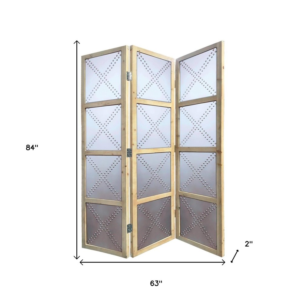 84" Silver Folding Three Panel Screen Room Divider on a white background
