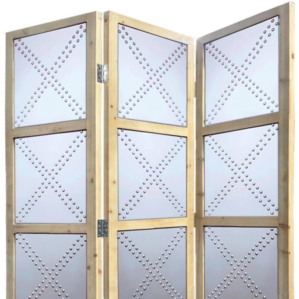 84" Silver Folding Three Panel Screen Room Divider close-up detail