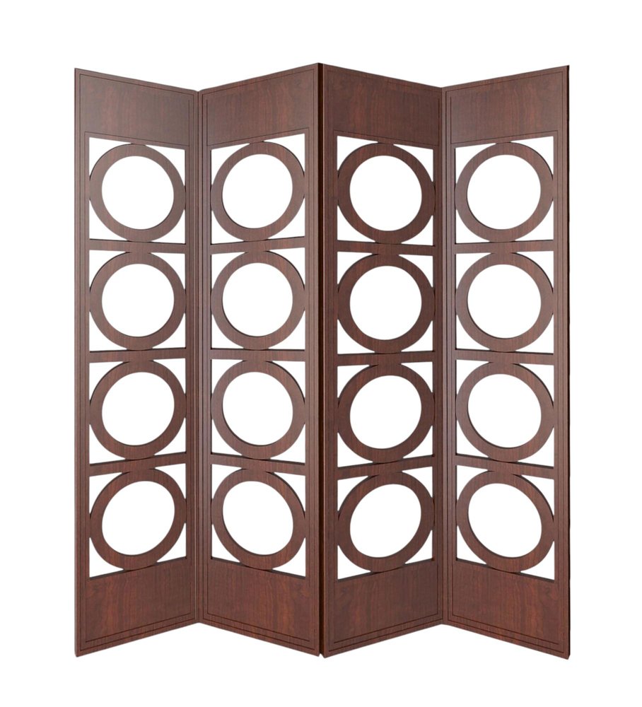 84" Brown Solid Wood Folding Four Panel Screen Room Divider - 84" H x 84" W x 2" D on a white background
