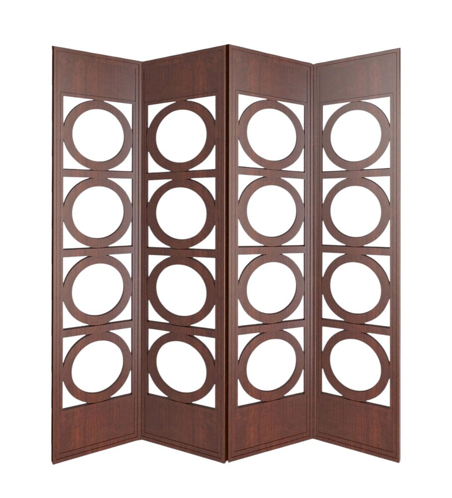 84" Brown Solid Wood Folding Four Panel Screen Room Divider - 84" H x 84" W x 2" D on a white background