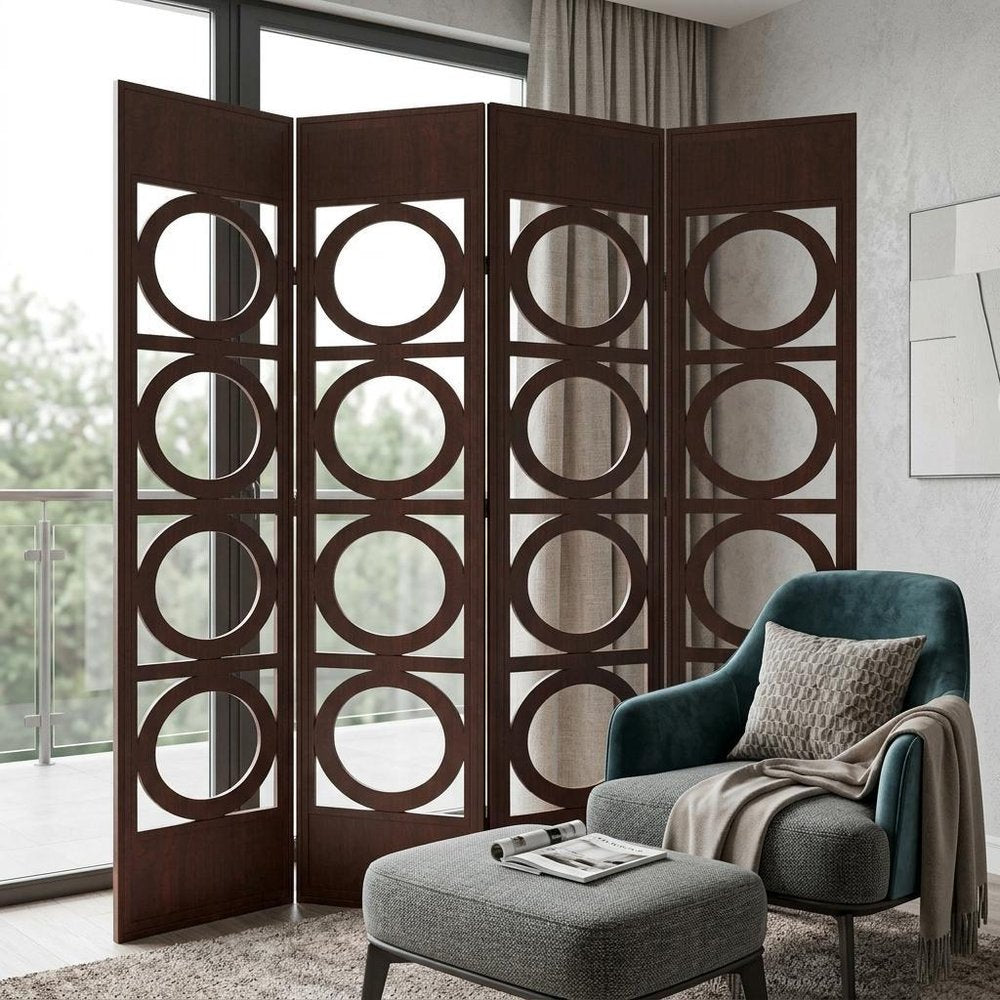 84" Brown Solid Wood Folding Four Panel Screen Room Divider - 84" H x 84" W x 2" D close-up detail