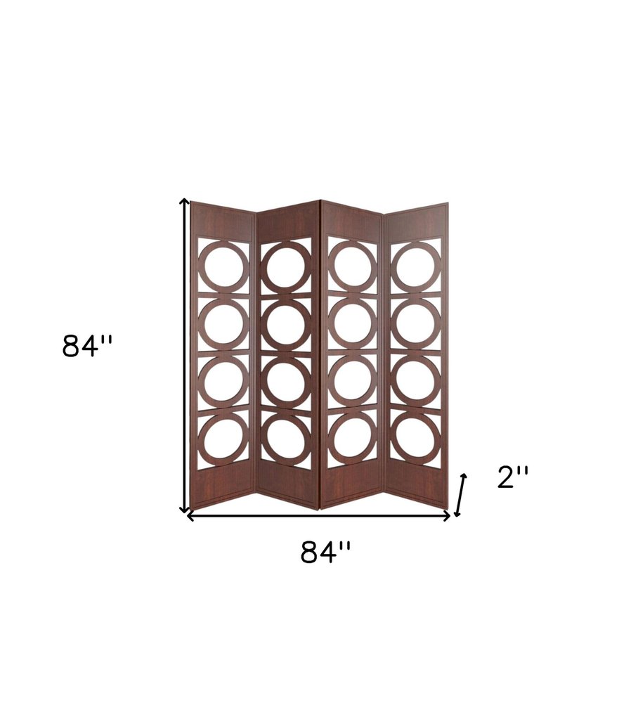 84" Brown Solid Wood Folding Four Panel Screen Room Divider - 84" H x 84" W x 2" D on a white background