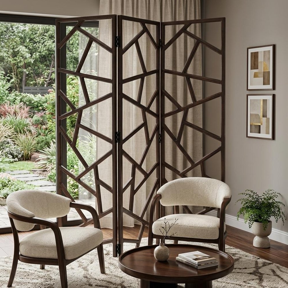 70" Brown Solid Wood Folding Three Panel Screen Room Divider