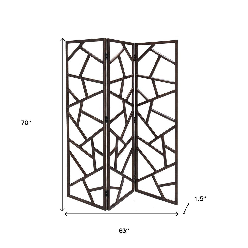 70" Brown Solid Wood Folding Three Panel Screen Room Divider on a white background