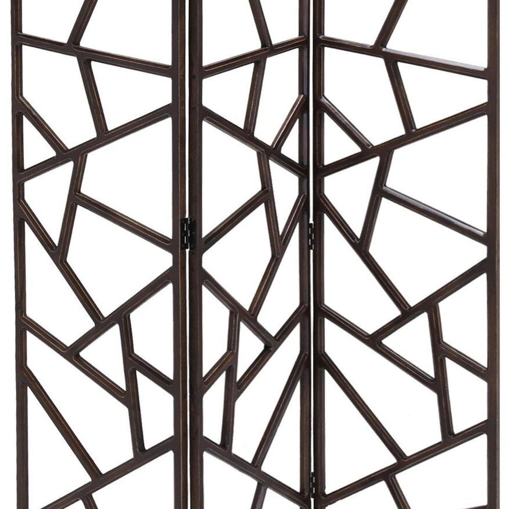 70" Brown Solid Wood Folding Three Panel Screen Room Divider on a white background