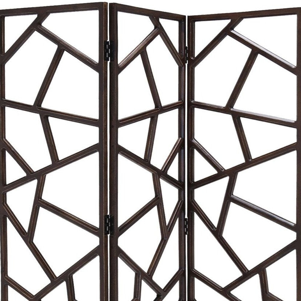 70" Brown Solid Wood Folding Three Panel Screen Room Divider on a white background