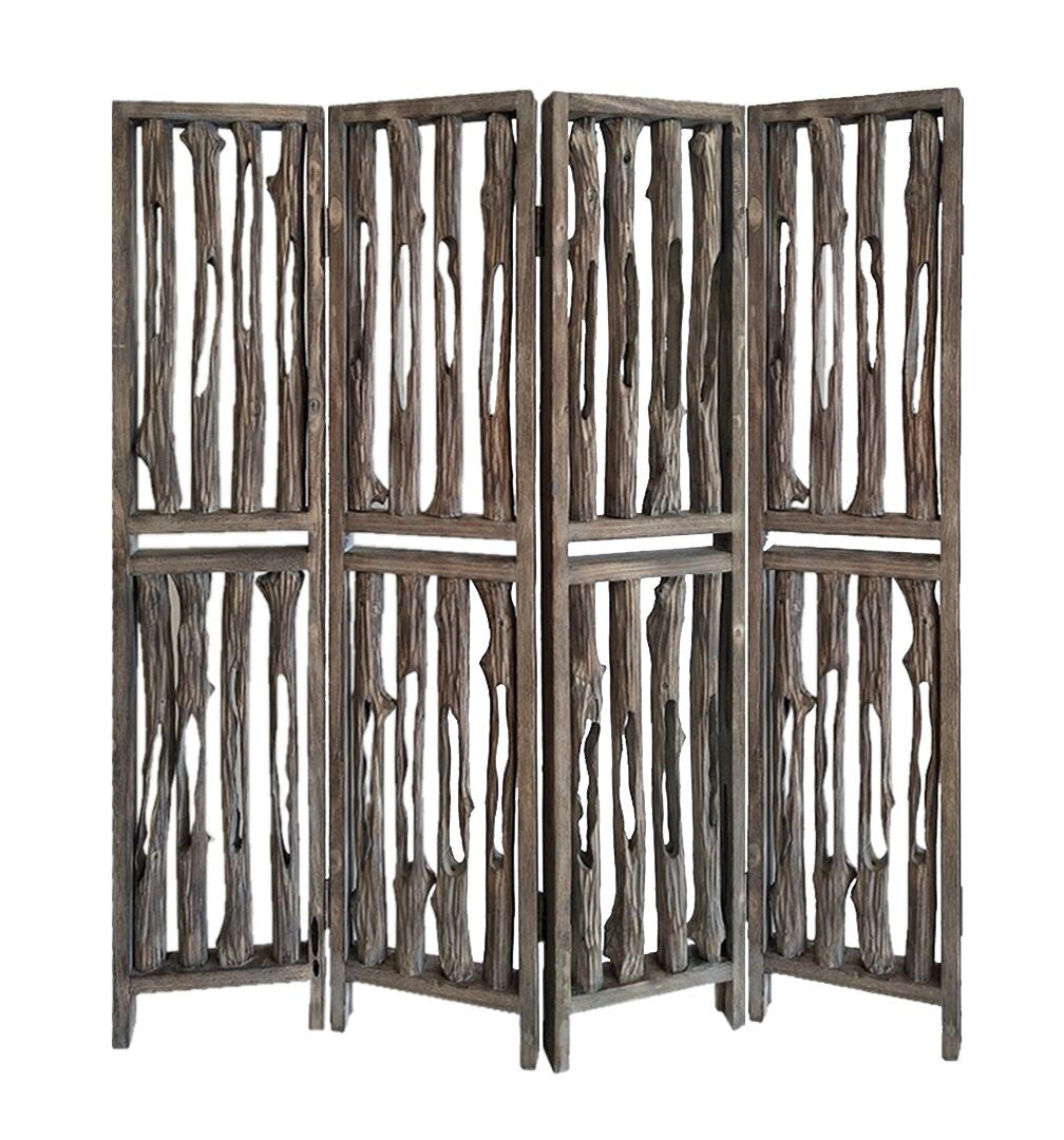 84" Brown Wood Folding Four Panel Screen Room Divider - with Folding Design on a white background