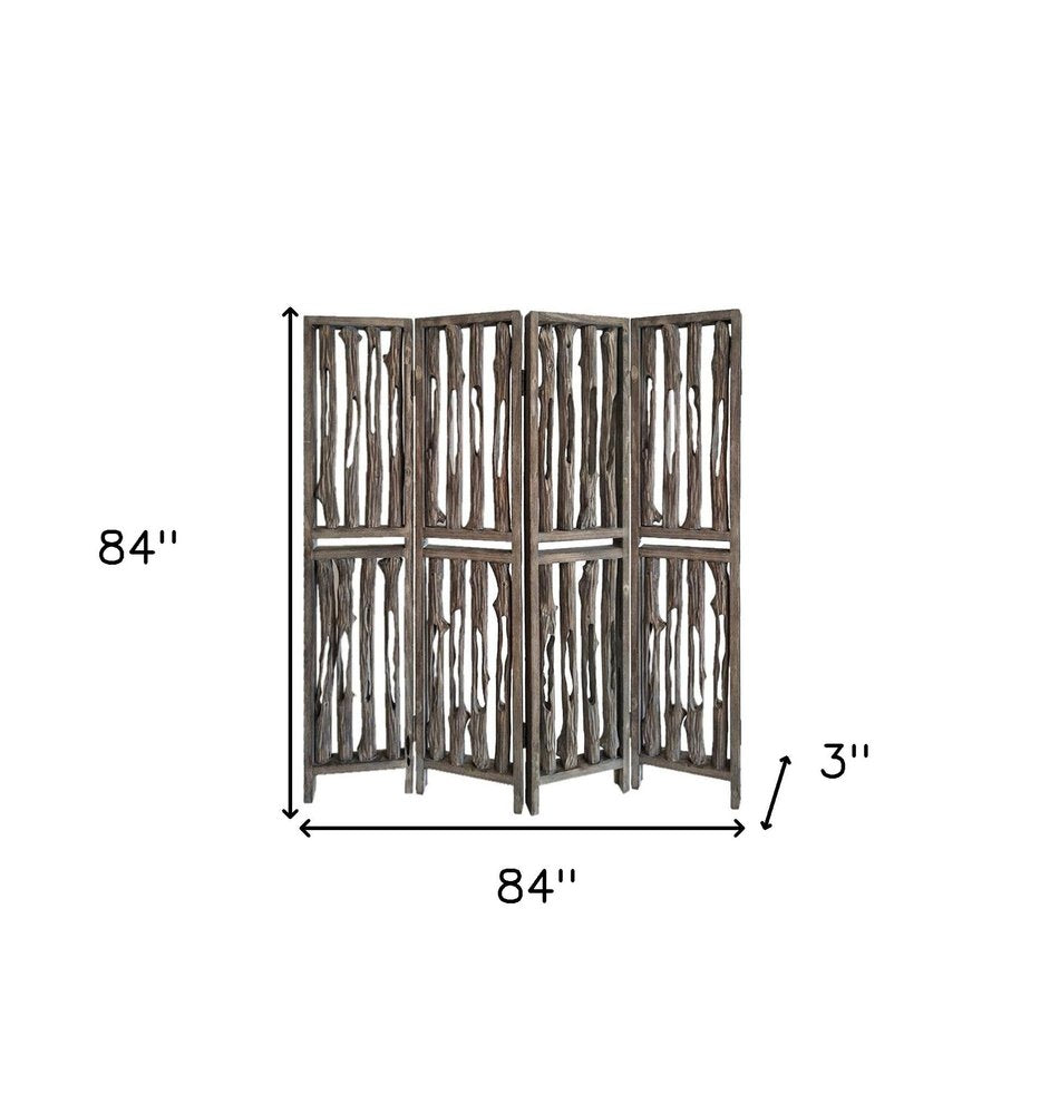 84" Brown Wood Folding Four Panel Screen Room Divider - with Folding Design on a white background