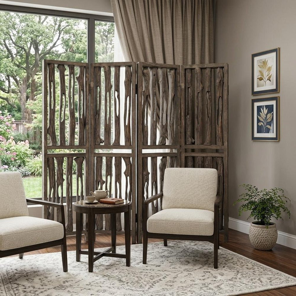 84" Brown Wood Folding Four Panel Screen Room Divider - with Folding Design