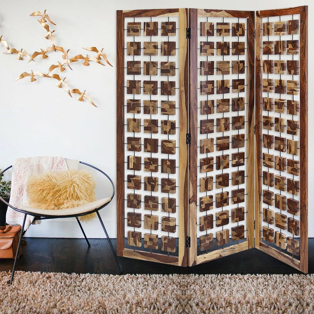 72" Brown Solid Wood Folding Three Panel Screen Room Divider