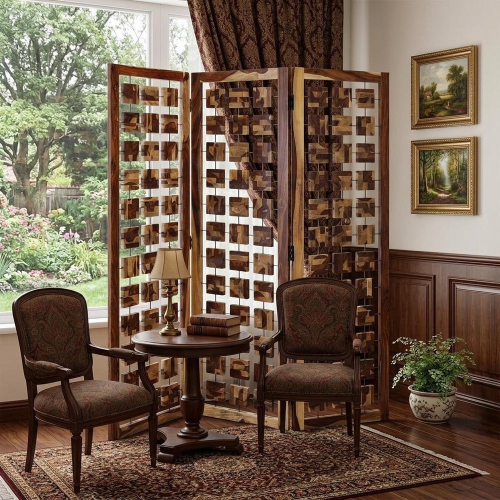 72" Brown Solid Wood Folding Three Panel Screen Room Divider