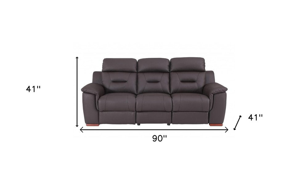 Brown faux leather three-seater sofa with dimensions 90" W x 41" H.