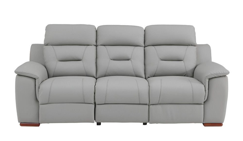 90" Gray Faux Leather Reclining Sofa With Brown Legs on a white background