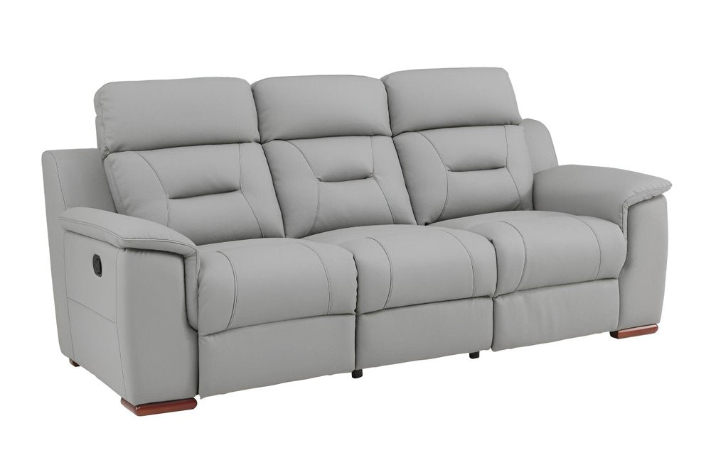 90" Gray Faux Leather Reclining Sofa With Brown Legs on a white background