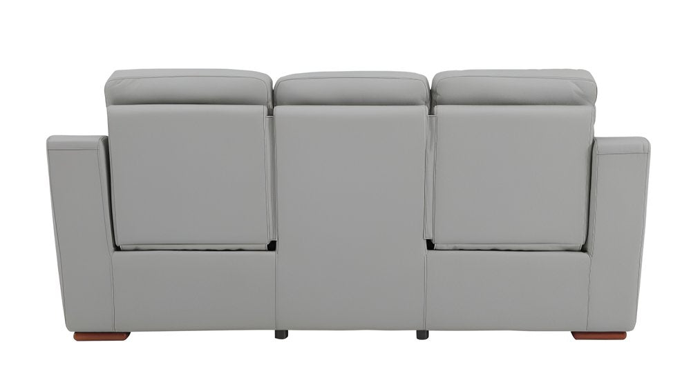 90" Gray Faux Leather Reclining Sofa With Brown Legs on a white background