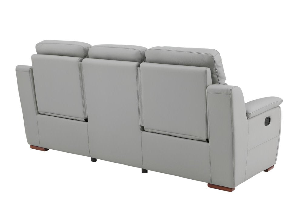 90" Gray Faux Leather Reclining Sofa With Brown Legs on a white background