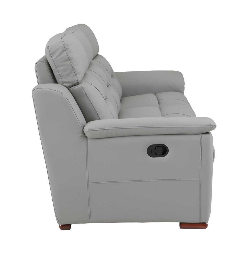 90" Gray Faux Leather Reclining Sofa With Brown Legs on a white background