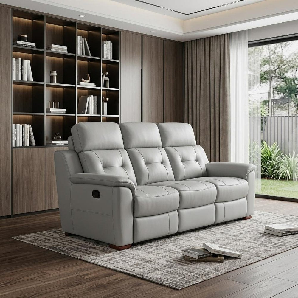 90" Gray Faux Leather Reclining Sofa With Brown Legs in a home interior