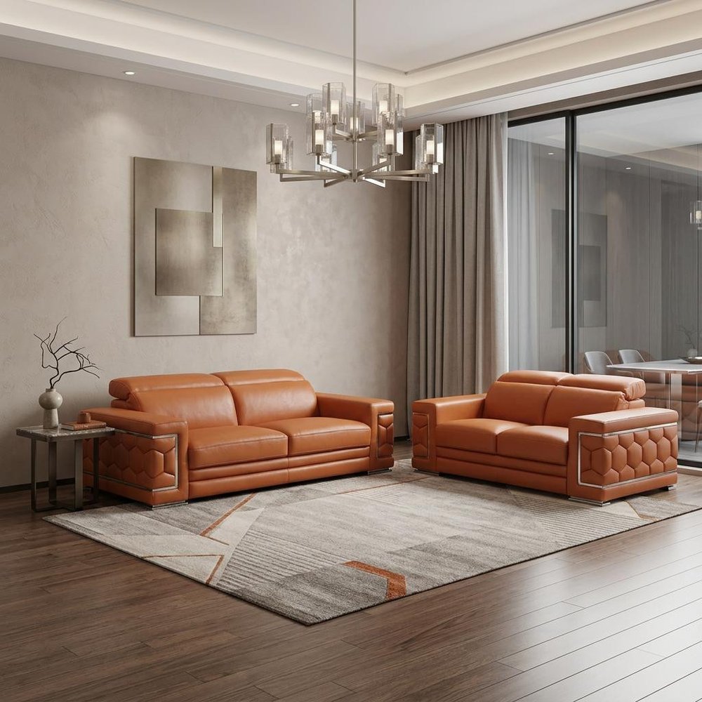 Two Piece Indoor Camel Italian Leather Five Person Seating Set - 29" H x 71" W x 41" D in a home interior