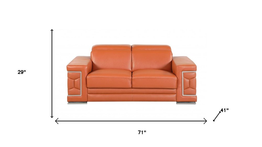 Two Piece Indoor Camel Italian Leather Five Person Seating Set - 29" H x 71" W x 41" D on a white background