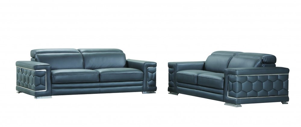 Two-piece dark gray Italian leather five-person seating set with silver accents on a white background.