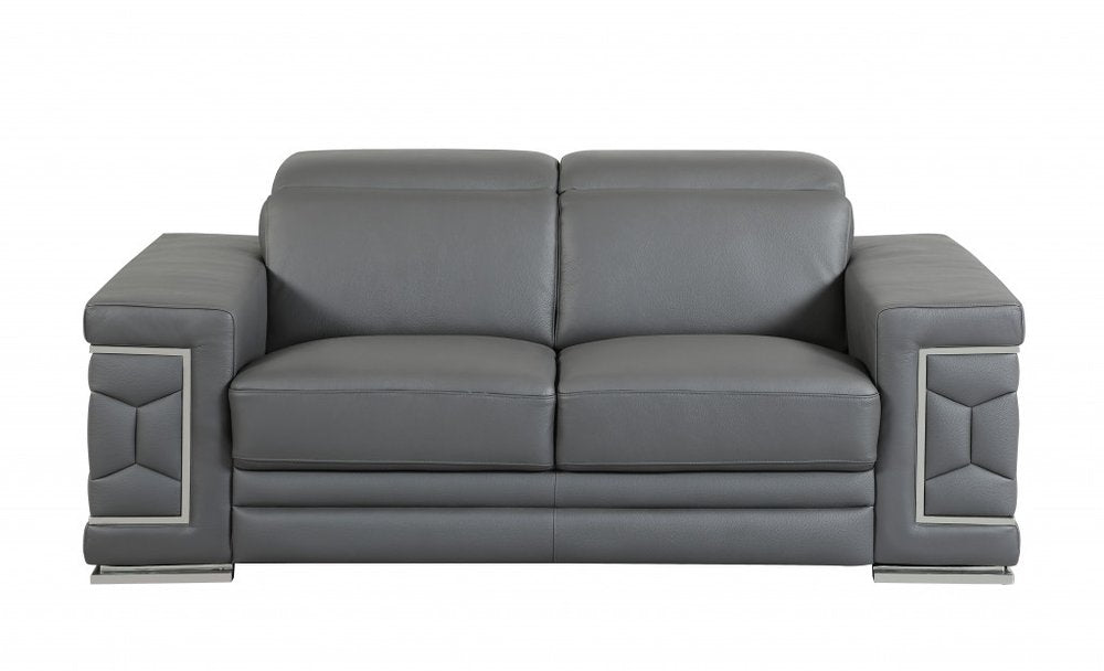 Two Piece Indoor Dark Gray Italian Leather Five Person Seating Set - 29" H x 71" W x 41" D