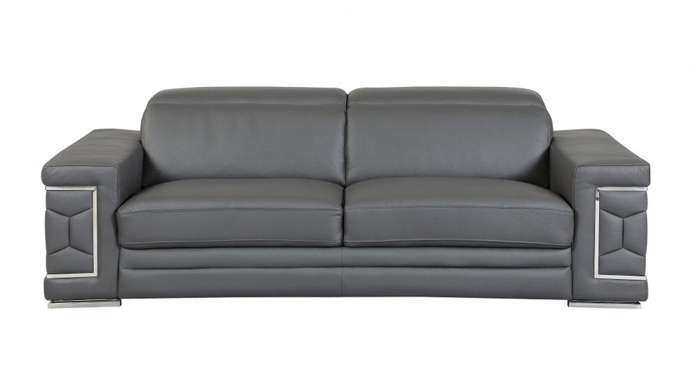 Two Piece Indoor Dark Gray Italian Leather Five Person Seating Set - 29" H x 71" W x 41" D
