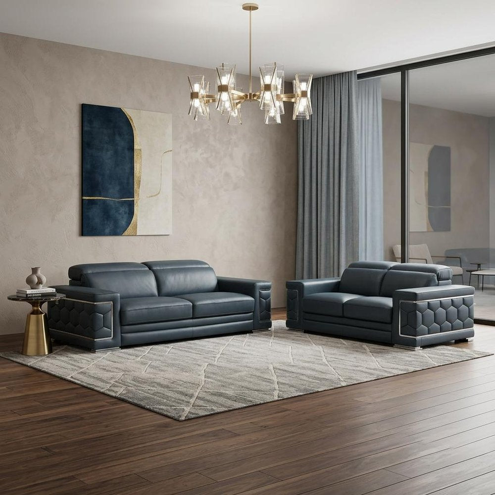 Two Piece Indoor Dark Gray Italian Leather Five Person Seating Set - 29" H x 71" W x 41" D in a home interior