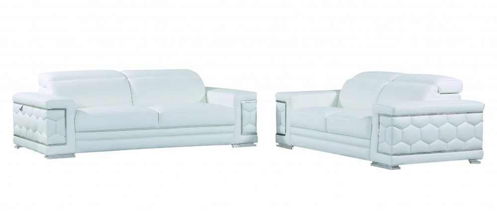 Two Piece Indoor White Italian Leather Five Person Seating Set on a white background
