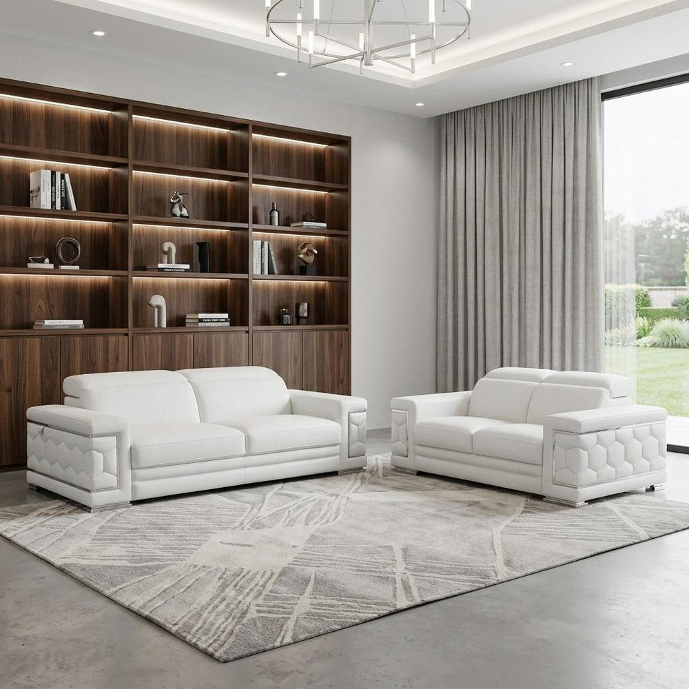 Two Piece Indoor White Italian Leather Five Person Seating Set in a home interior