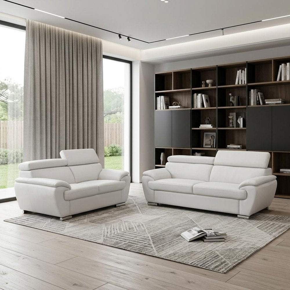 Two Piece Indoor White Genuine Leather Five Person Seating Set in a home interior